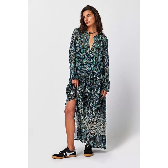 EUC Medium Free People Floral Blue Maxi Dress - Picture 1 of 7